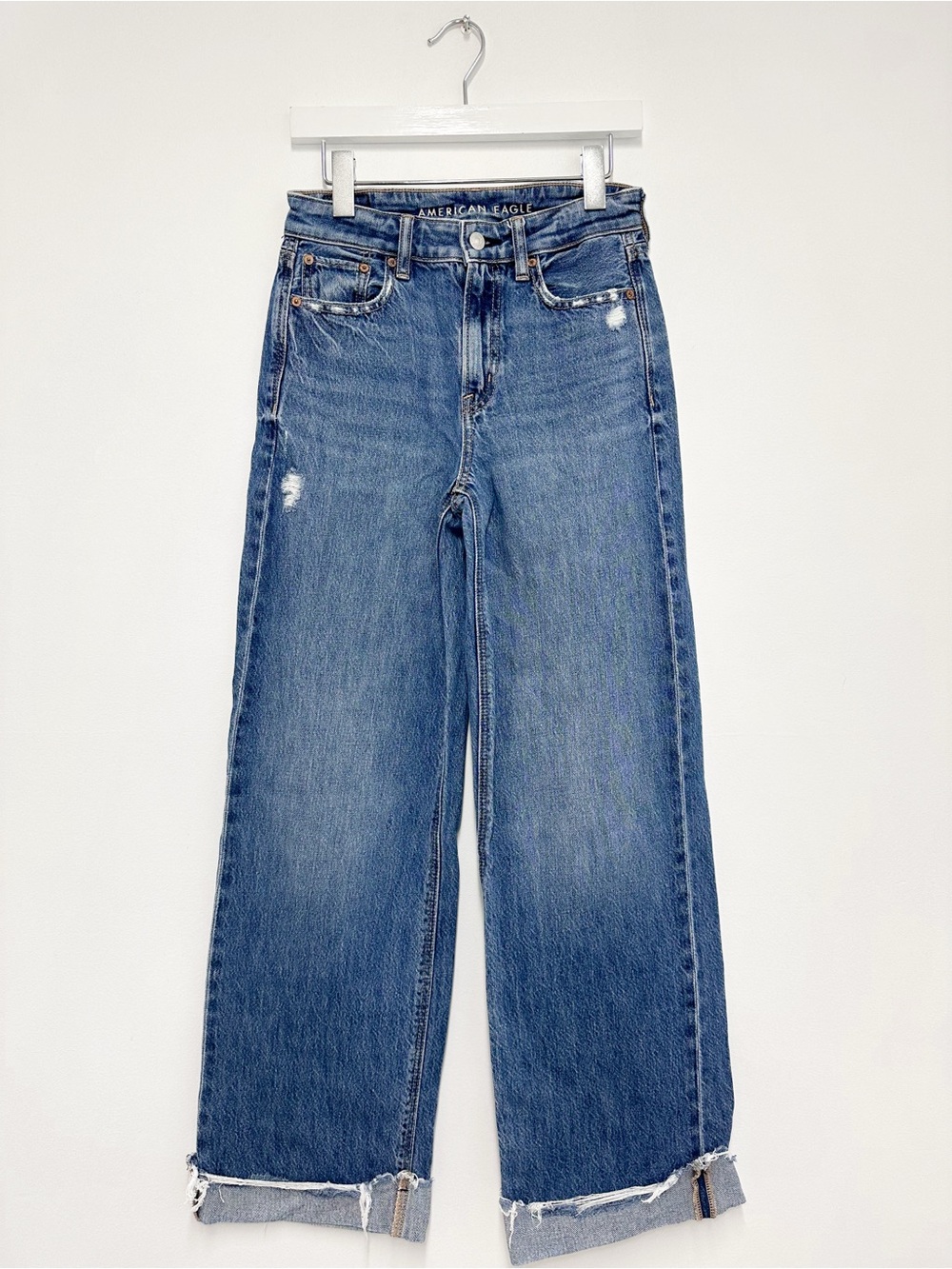 American Eagle Distressed Super High Rise Baggy Wide Leg Dark Wash Jeans
